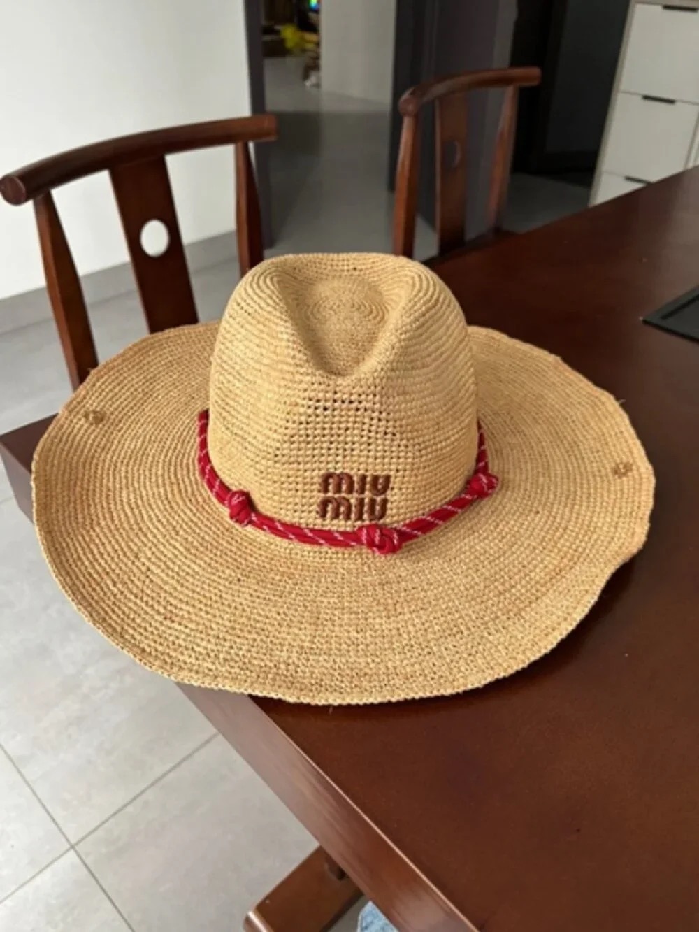 Miu Miu Beige Straw Hat with Red Rope Trim and Logo